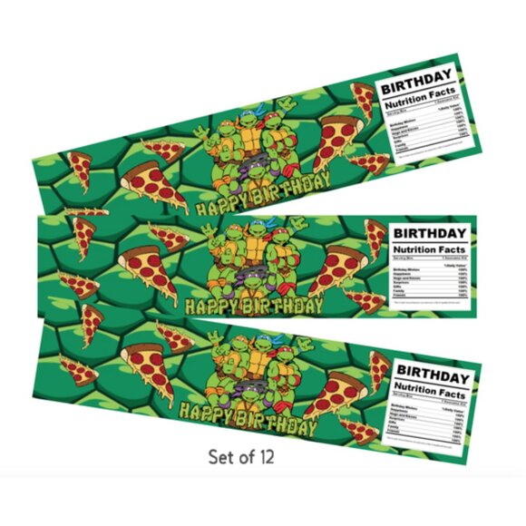 Turtles Birthday Water Bottle Labels, Pizza Theme Party Decorations, 8.5x2 in - Picture 2 of 4